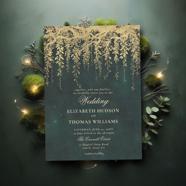 Invitation Forêt enchantée pendage Mariage de verdure or (enchanted forest gold vines wedding invitation magical fairy garden gold emerald elegant classic)