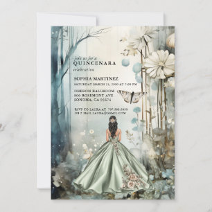 Invitation Forêt Enchantée Quinceanera Vert Sauge Floral