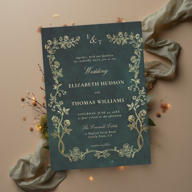 Invitation Forêt Enchantée Roses Sauvages Vignes Vert Émeraud (enchanted forest wedding invitation wild roses emerald green gold monograms woodland fairytale)
