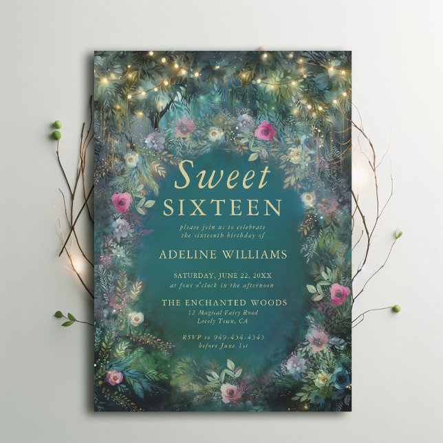 Invitation Forêt enchantée Roses verdure Bois doux 16 (enchanted forest sweet 16 theme invitation wild roses floral emerald gold woodland fairy greenery.)