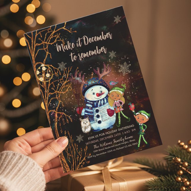 Invitation Forêt Enchantée Snowman Elfes Or Noir  (Enchanted Forest Black Gold Snowman Elves Invitation)