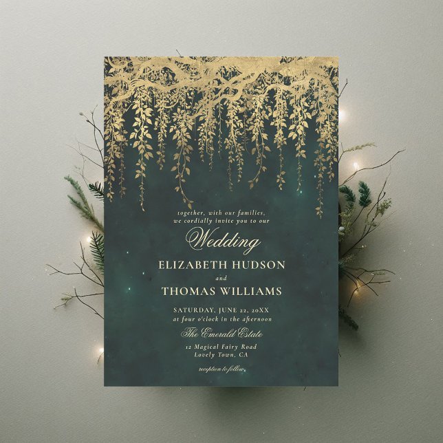 Invitation Forêt enchantée Verdure or Mariage personnalisé (enchanted forest wedding invitation gold hanging greenery dark romantic emerald green modern chic)