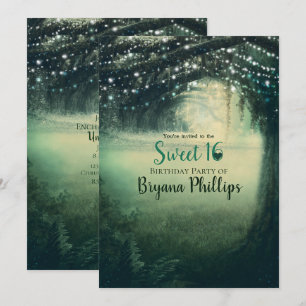 Invitation Forêt Enchantée Vert Bleu Lumières Fête Douze Ans