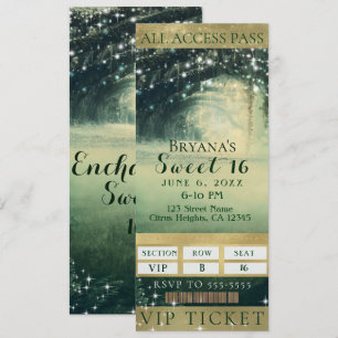 Invitation Forêt Enchantée Vert Bleu Lumières Sweet 16 Billet