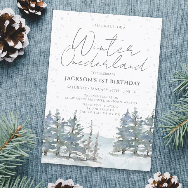 Invitation Forêt enneigée Anniversaire ONEderland Hiver Garço (Créateur téléchargé)