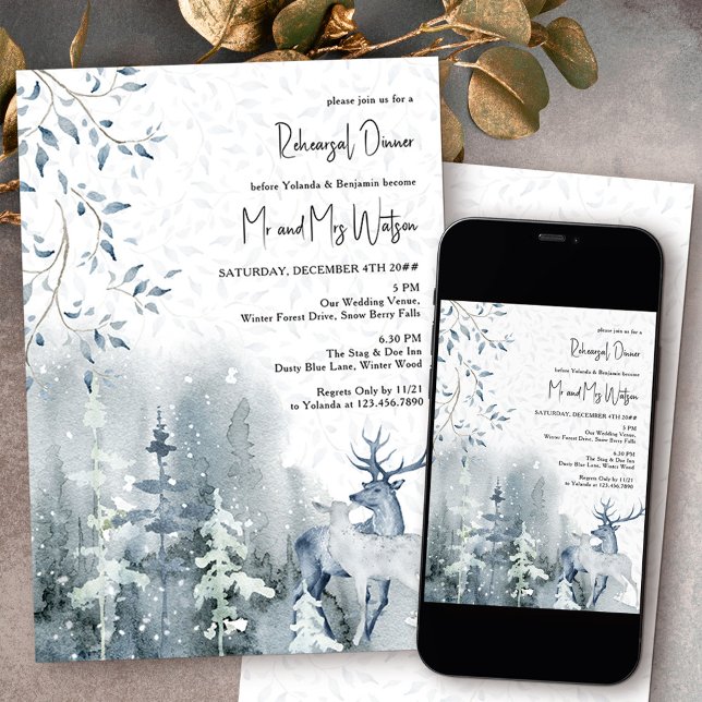 Invitation Forêt enneigée d'hiver et répétition de mariage de (Wedding Rehearsal Dinner invitation from my Snow Forest Winter Wedding collection)