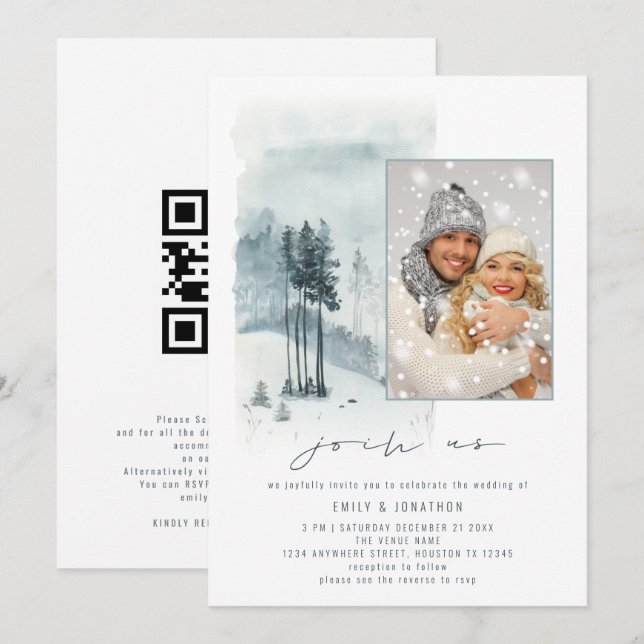 Invitation Forêt enneigée Photo Rejoignez-nous Code QR Mariag (Devant / Derrière)