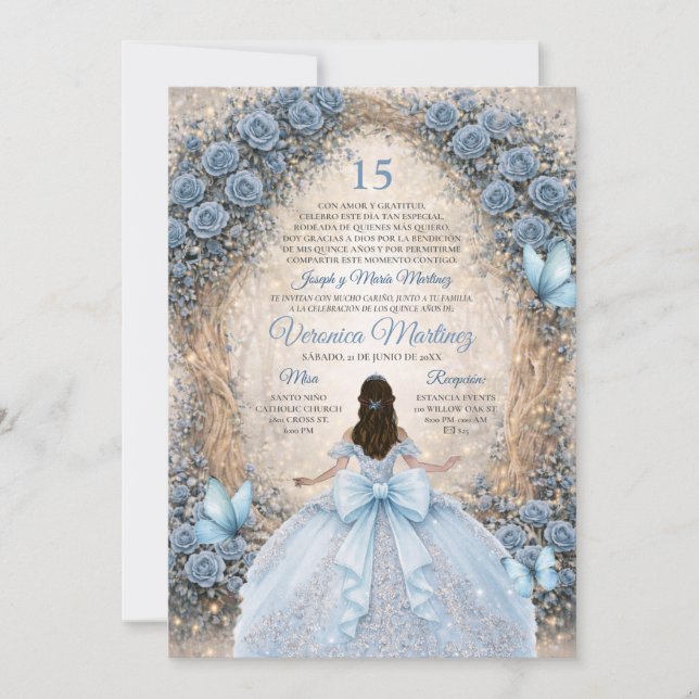 Invitation Forêt espagnole Dusty Blue Princess Sweet 15 Ans (Devant)