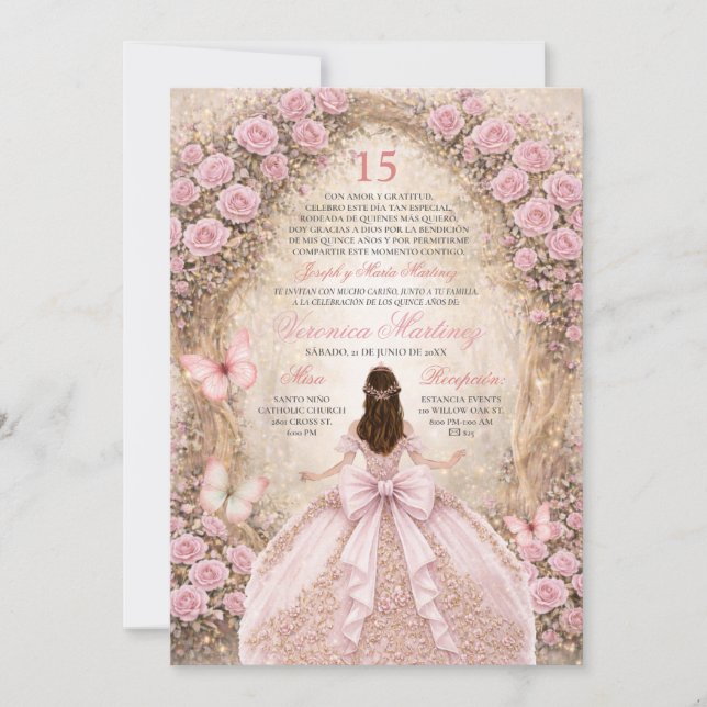 Invitation Forêt espagnole Papillon Rose & Or Douce 15 Ans (Devant)
