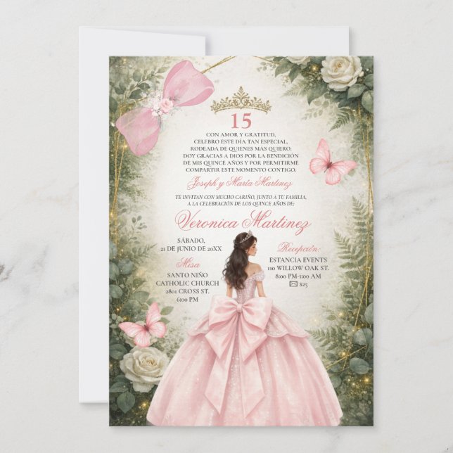 Invitation Forêt espagnole verdure rose floral 15 Ans (Devant)