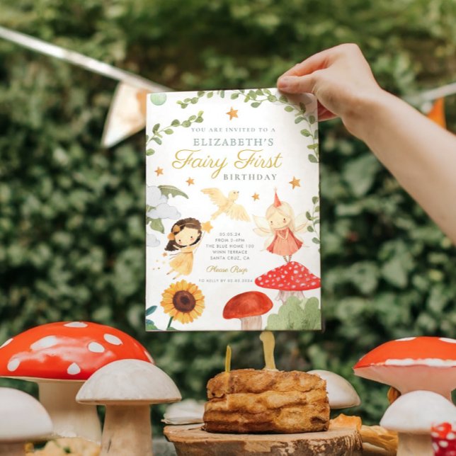 Invitation forêt Fée Premier anniversaire Champignons Woodlan (Créateur téléchargé)