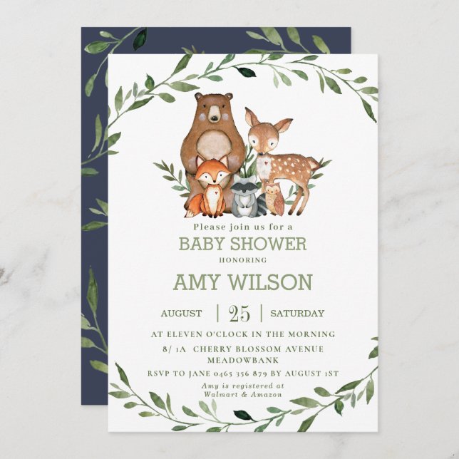 Invitation Forêt forestière Animaux Baby shower Végétation (Devant / Derrière)