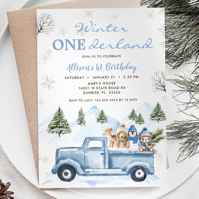 Invitation Forêt forestière Camion bleu ONE derland 1er anniv (Créateur téléchargé)