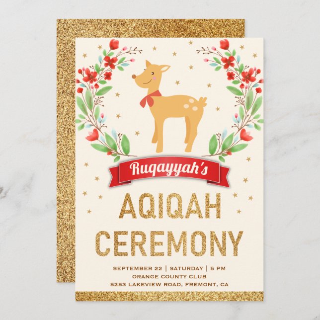 Invitation Forêt forestière Floral Gold Girl Deer Aqiqah (Devant / Derrière)