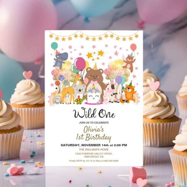 Invitation Forêt forestière sauvage Un anniversaire fête (Woodland Wild One 1st birthday girl party invitation)