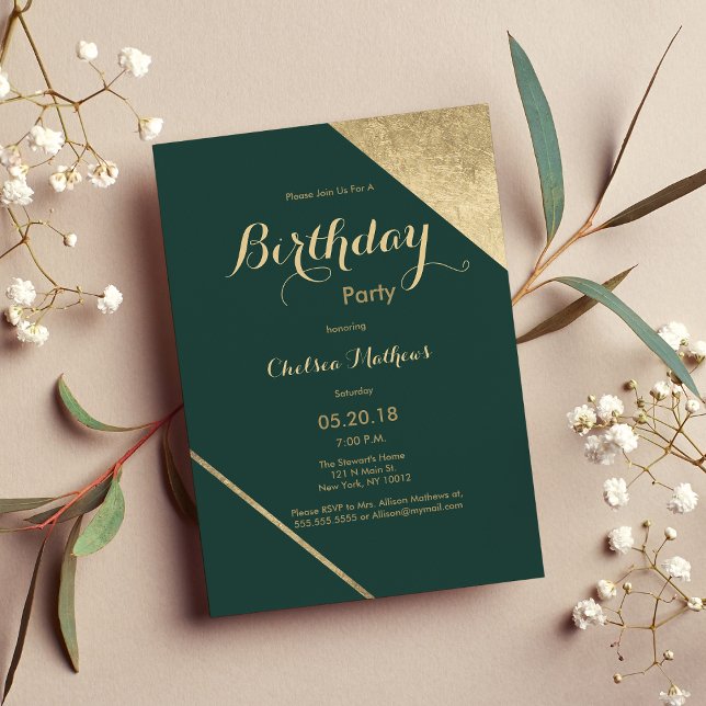 Invitation Forêt glamour vert or chic fête d'anniversaire (Glamorous forest green gold chic Birthday Party Invitation)