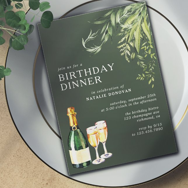 Invitation Forêt Green Moss Moderne Champagne Dîner d'anniver (Créateur téléchargé)