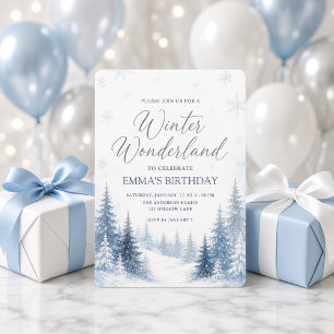 Invitation Forêt hivernale aquarelle bleue pour un anniversai