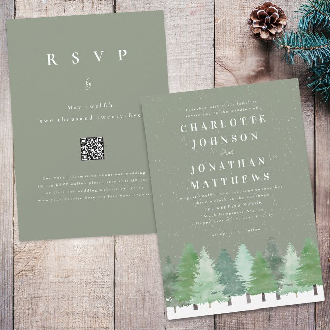 Invitation Forêt hivernale moderne Code QR Vert sauge Mariage (Modern watercolor snowy Woodland forest sage green winter wedding qr code invitation)