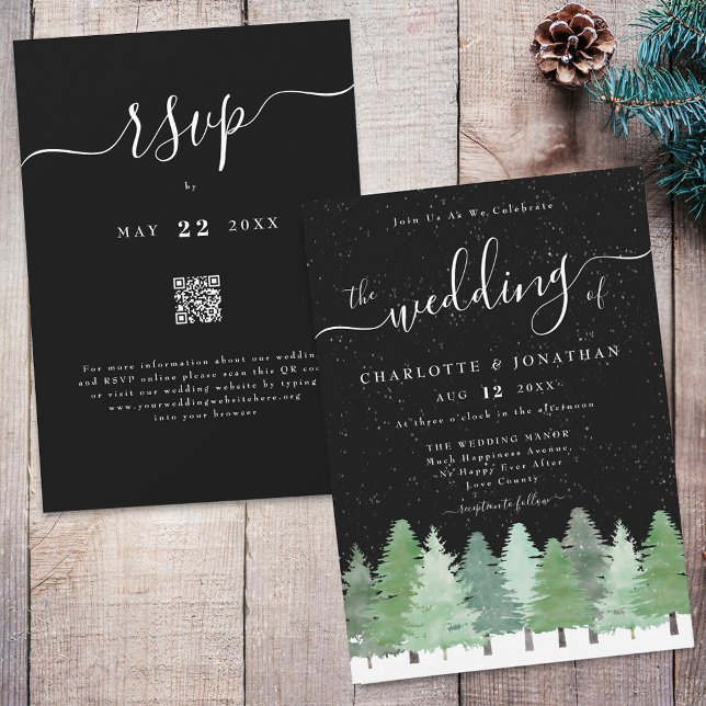Invitation Forêt hivernale moderne en noir et blanc Qr Code m (Winter Woodland forest black and white wedding qr code invitation Watercolor evergreen pine trees )