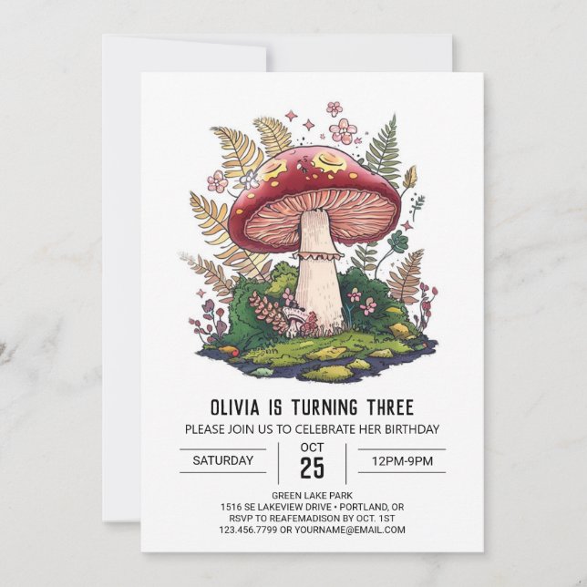 Invitation Forêt Joli Champignons Numériques Anniversaire (Devant)