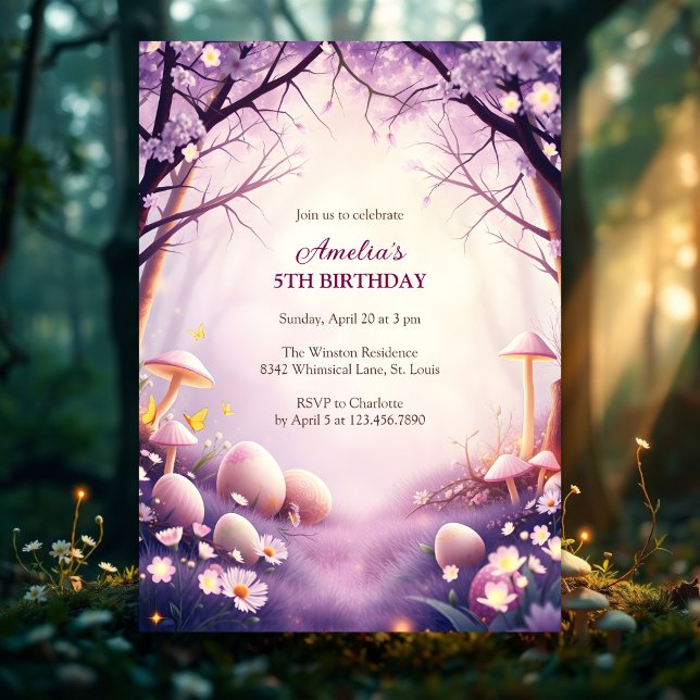 Invitation Forêt magique Chasse aux oeufs roses de Pâques Fêt (Magical Forest Easter Pink Egg Hunt Birthday Party Invitation)