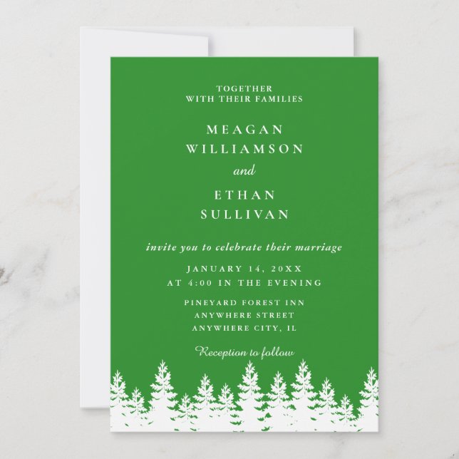 Invitation Forêt moderne Élégante Vert Blanc Mariage d'hiver (Devant)
