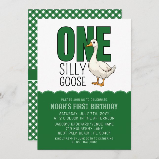 Invitation Forêt moderne Green One Silly Goose 1er anniversai (Devant / Derrière)