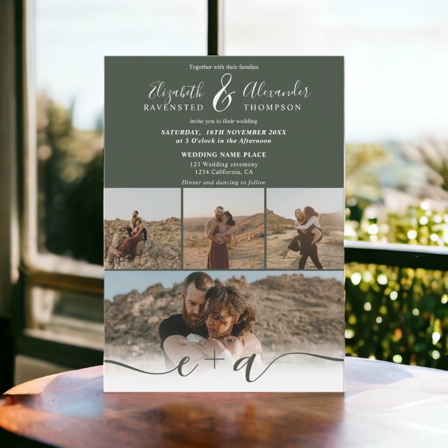 Invitation Forêt moderne vert chic 5 Photos script mariage (Modern forest green chic 5 Photos script wedding Invitation)