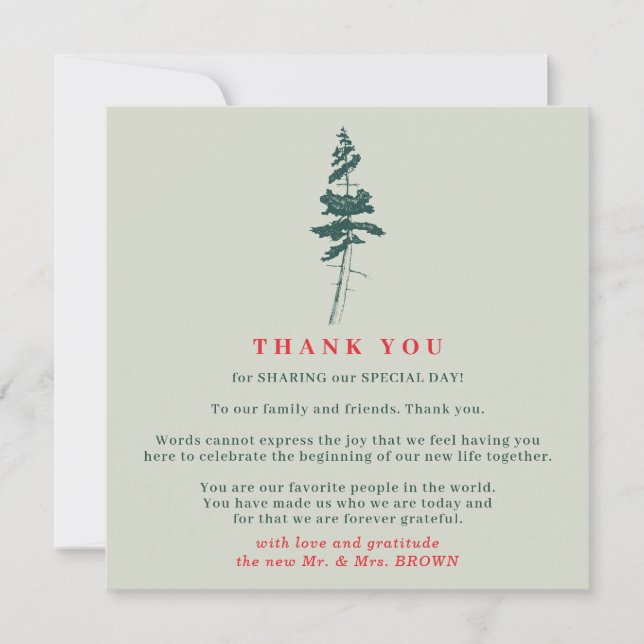 Invitation Forêt Pin Indie Vert Rouge Boho Rustique merci (Devant)