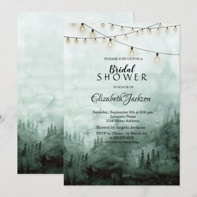 Invitation Forêt, Pins, Guirlandes Lumineuses Vertes (Devant / Derrière)