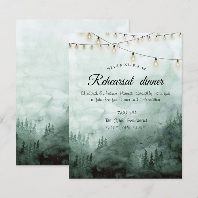 Invitation Forêt, Pins Lumières Vertes Dîner de Répétition (Devant / Derrière)