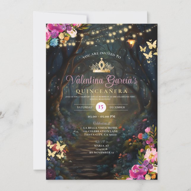 Invitation Forêt rose Quinceañera 15 Anos Fleurs Or (Devant)