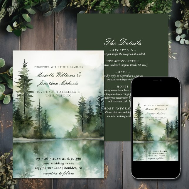 Invitation Forêt Rustique de Mountain Lake tout en un Mariage (Rustic Mountain Lake Forest All in One Wedding Invitation)