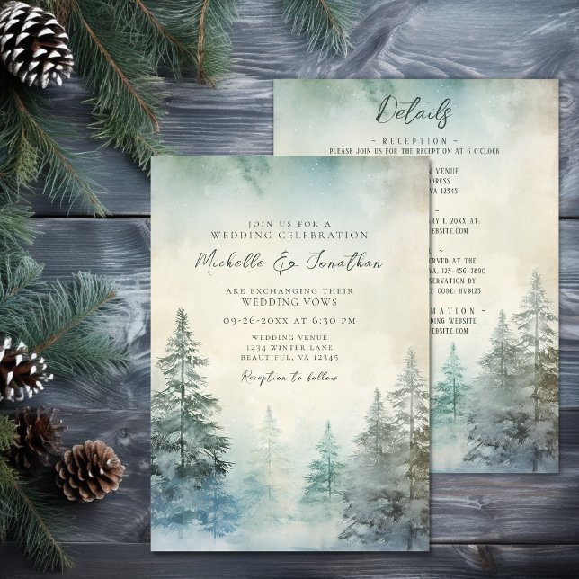 Invitation Forêt Rustique De Pins D'Hiver Tout En Un Mariage (Rustic Winter Pine Forest All In One Wedding Invitation)