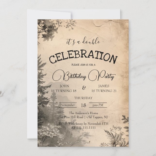 Invitation Forêt rustique et beige Double fête d'anniversaire (Devant)