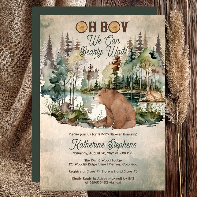 Invitation Forêt Rustique Oh Garçon Baby shower d'attente rap ("Oh Boy We Can Bearly Wait!" Rustic Woodland Bear Forest Animals Baby Shower Invitation - Print Digi)
