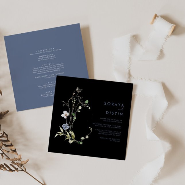 Invitation Forêt sauvage Floral Noir Retour et Mariage avant (Créateur téléchargé)