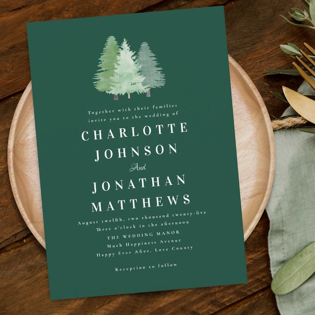 Invitation Forêt simple à l'aquarelle Bois verdoyant Mariage  (Modern simple woodland forest elegant green wedding invitation Watercolor evergreen pine fir trees)