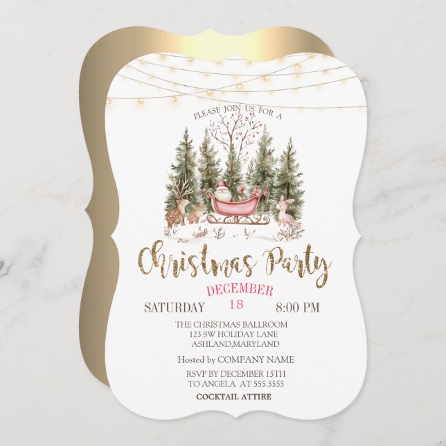Invitation Forêt, Sleigh, Lights Gold Christmas Company (Devant / Derrière)