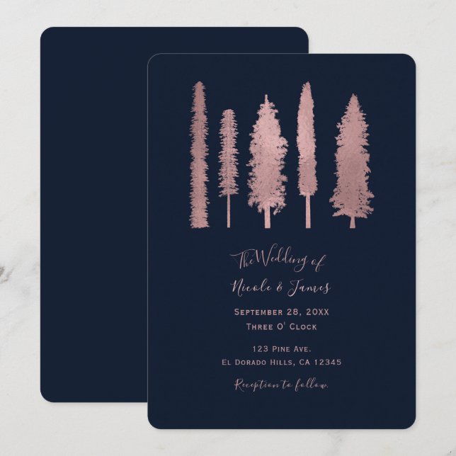 Invitation Forêt sombre de bleu et de rose doré avec des arbr (Devant / Derrière)