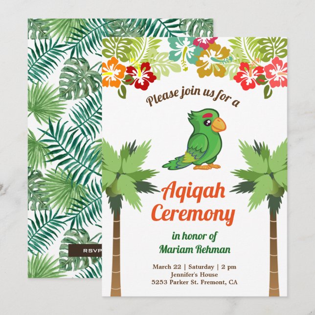 Invitation Forêt tropicale de la jungle Baby Parrot Aqiqah (Devant / Derrière)