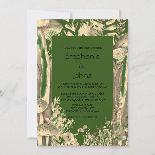Invitation Forêt Vert or Artsy Champignons Bois Mariage (Devant)