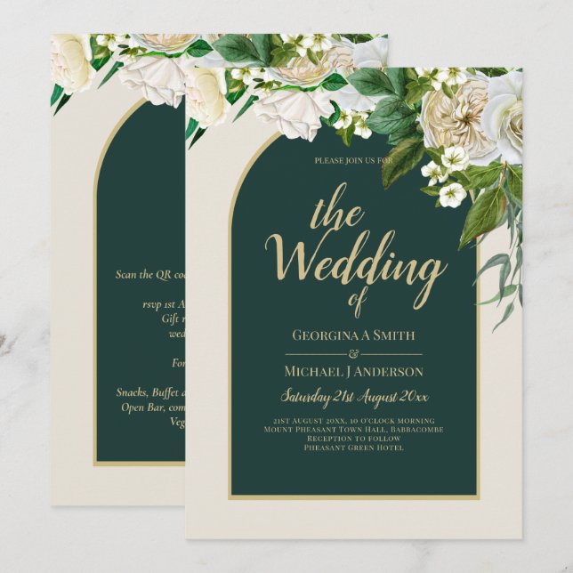 Invitation Forêt Vert Or Roses blanches Mariage d'hiver (Devant / Derrière)