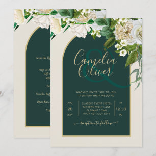 Invitation Forêt Vert Or Roses blanches Mariage d'hiver