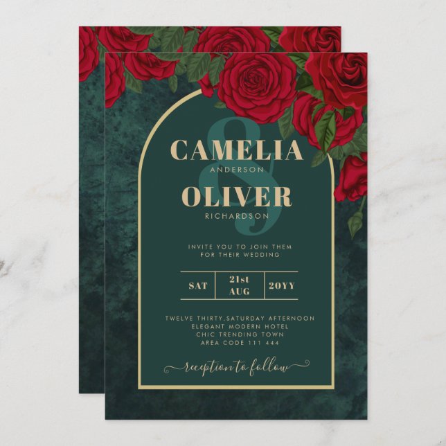 Invitation Forêt Vert Or ROUGE Roses Mariage d'hiver (Devant / Derrière)