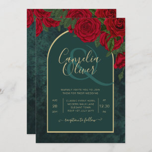 Invitation Forêt Vert Or ROUGE Roses Mariage d'hiver