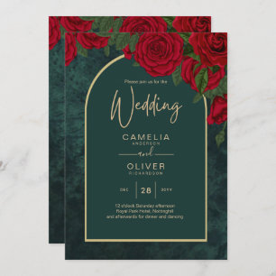 Invitation Forêt Vert Or ROUGE Roses Mariage d'hiver