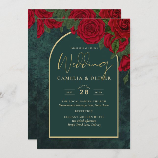 Invitation Forêt Vert Or ROUGE Roses Mariage d'hiver (Devant / Derrière)