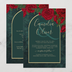 Invitation Forêt Vert Or ROUGE Roses Mariage d'hiver
